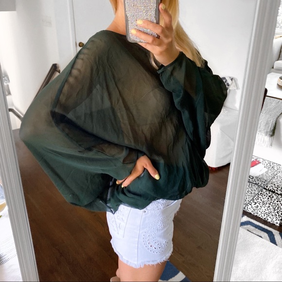 π² SEE BY CHLOE FOREST GREEN SHEER LOOSE BAGGY FIT SILK BLOUSE! - Picture 4 of 10